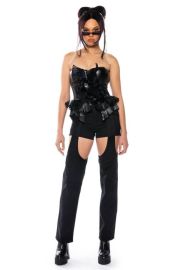 MAKE A MOVIE FAUX LEATHER RUFFLE STRAPLESS TOP in black at Shop Akira